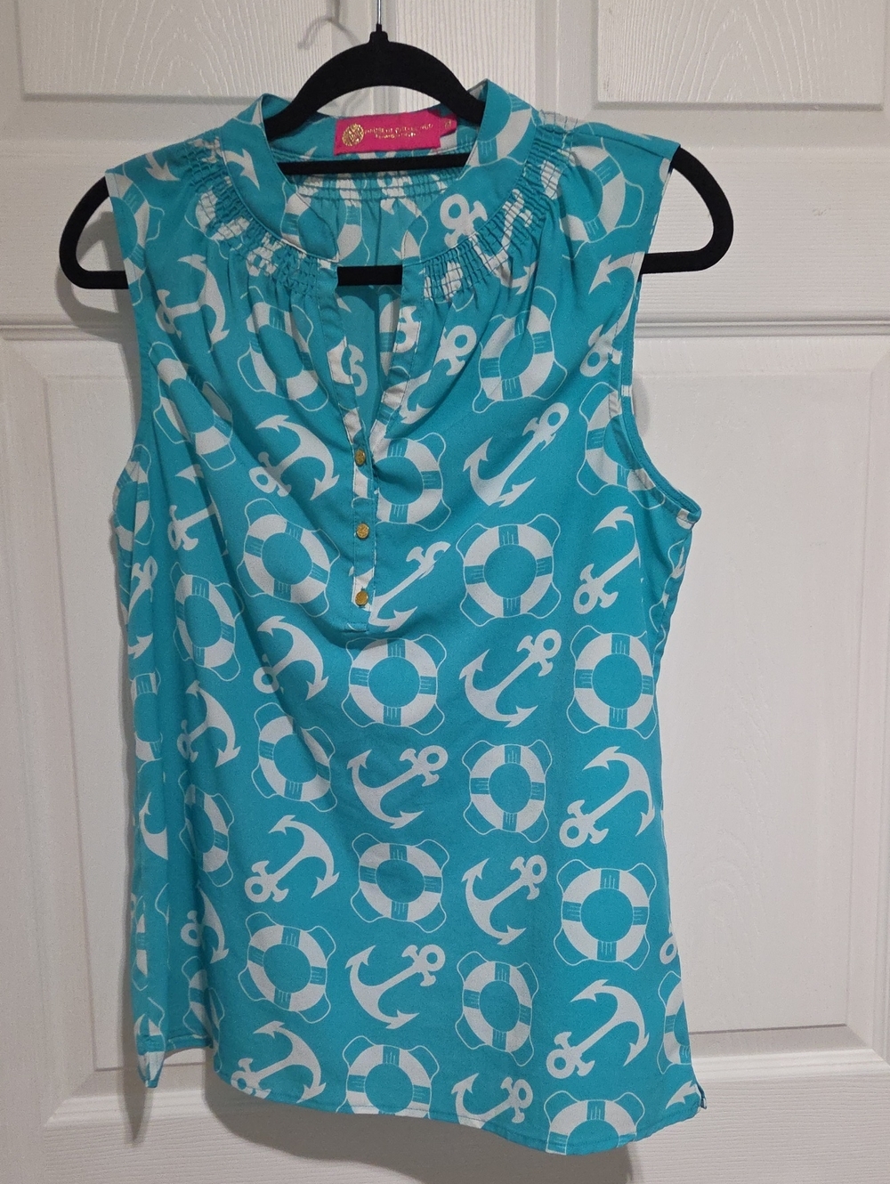 Sleeveless Nautical Print Shell Top - Turquoise/White